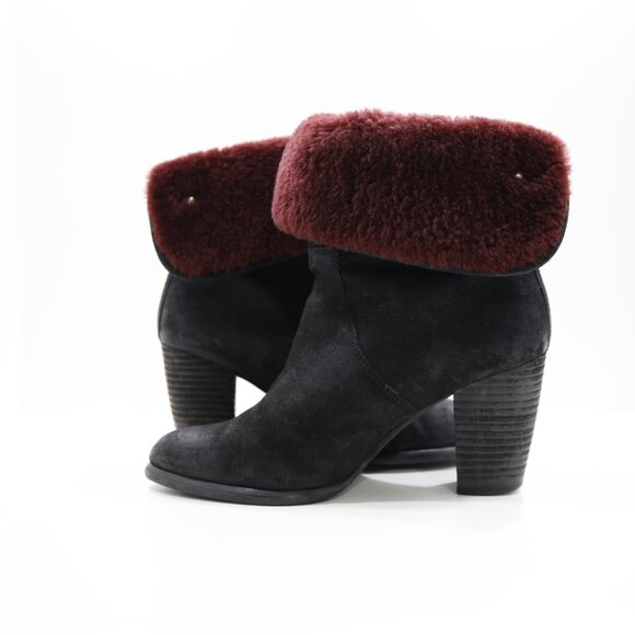 UGG Layna Black Nubuck Leather Foldover 3.5" Block Heel Winter Boots - 7 - Picture 5 of 7